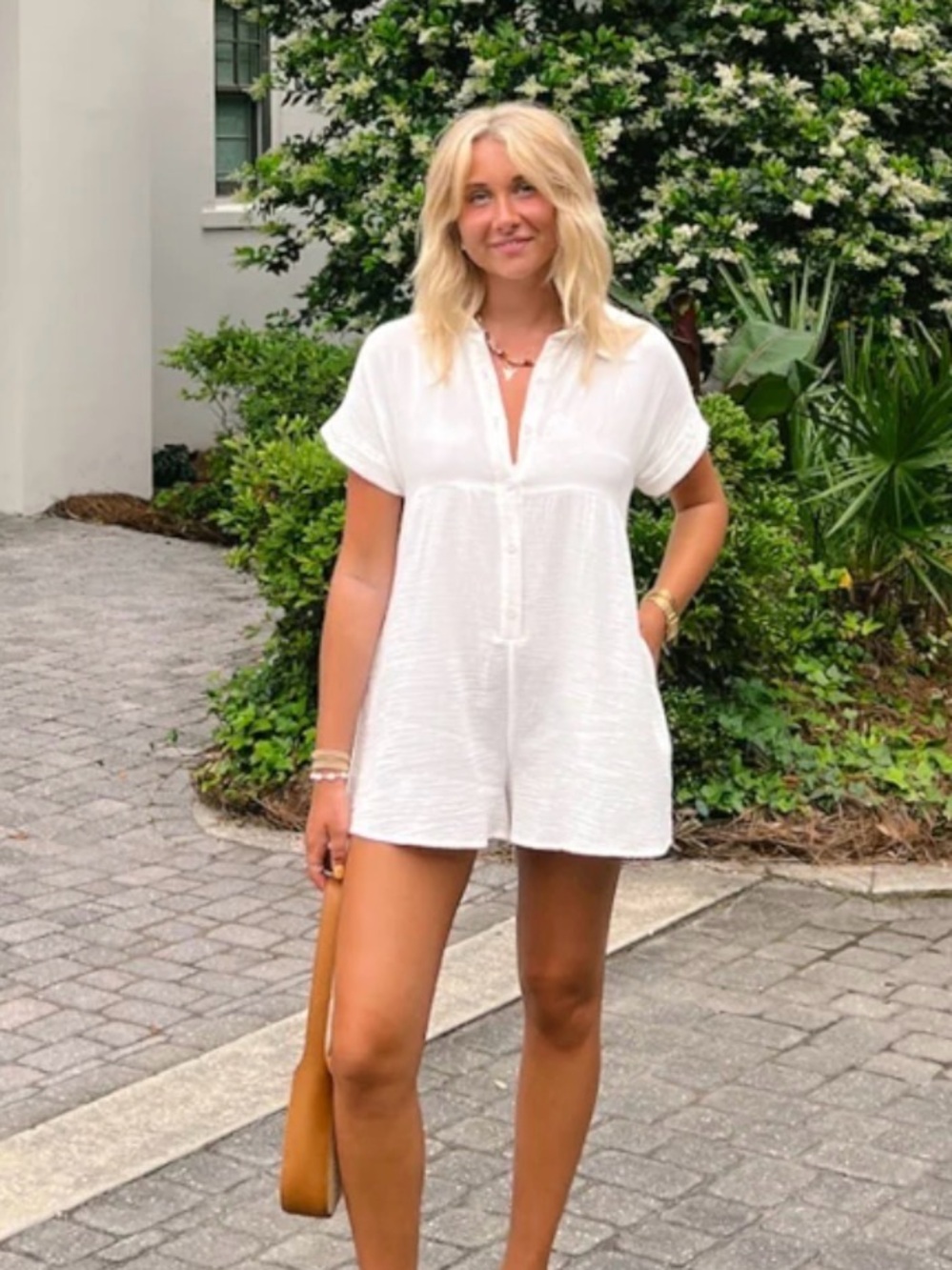 vestique White Short-Sleeve Button Front Romper